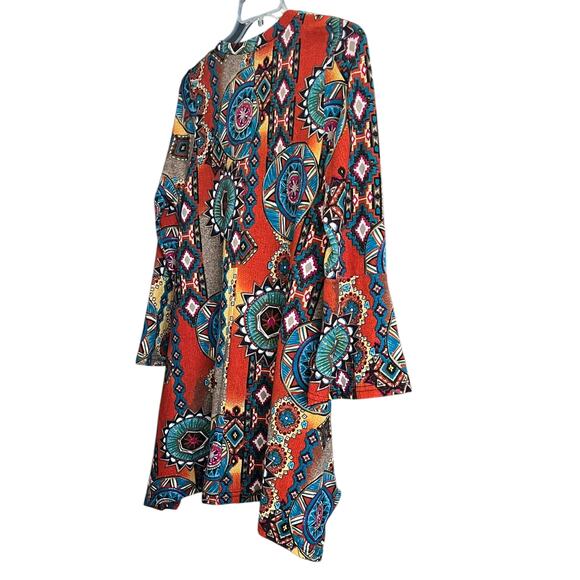 WIN WIN LONG SLV V-NECK FLARE BOTTOM TUNIC, WOMENS, L-XL, MULTICOLORS, ABSTRACT - Picture 6 of 12